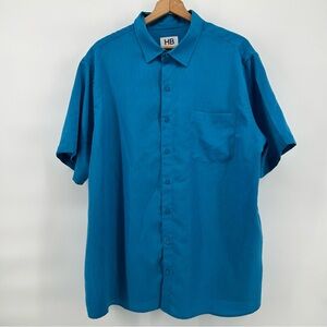 HB Textured Button Up Shirt Mens 1X Blue Short Sleeve Casual Pocket Lightweight